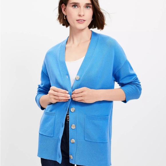 💛LOFT V-neck mustard yellow long boyfriend pocket cardigan size Medium - Picture 5 of 5